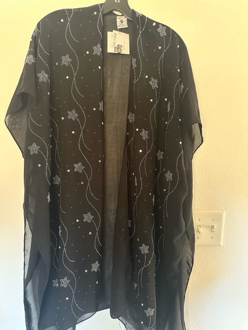 Jessica McClintock Black Sheer Beaded Star & Wave Kimono Cardigan